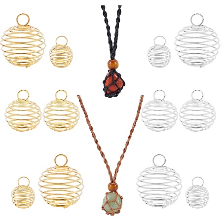SUNNYCLUE 32Pcs 8 Style Iron Wire Pendants, Spiral Bead Cage Pendants, Round, with Necklace Cord Empty Stone Holder, Mixed Color, Pendant: 15~30x14~25mm, Hole: 4~6mm