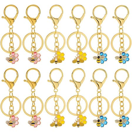 NBEADS 12 Pcs Bee Honeycomb Keychains, Alloy Enamel Pendants Keychains Alloy Split Keychain Accessories for Car Bag Purse Wallet Phone Decoration Graduation Gift