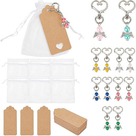 Pandahall Elite Angel Keychain Baptism Gifts, 14 Sets Angel Pearl Beads Pendant Key Chain with White Organza Bags, 50pcs Blank Tags for Guest Baby Shower Wedding Decorations Favors Baptism Souvenir Gift