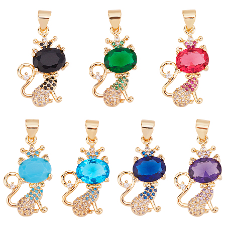 SUPERFINDINGS 7Pcs 7 Colors Cute Cat Charms Pendant 26.5x13mm Brass Cubic Zirconia Cat Pendants Real 18K Gold Plated CZ Stone Animal Dangle Charm for DIY Jewelry Making,Hole: 4X3.5mm