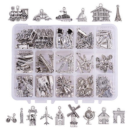 PandaHall Elite 90 Pieces 15 Style Antique Silver Tibetan Alloy Travel Theme Charms for DIY Jewelry Making