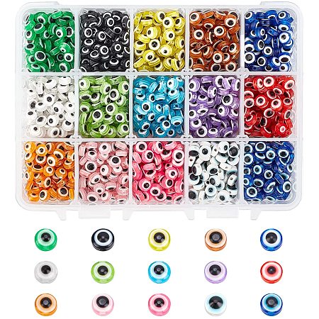 NBEADS 1500 Pcs 6mm Evil Eye Beads, 15 Colors Resin Flat Round Evil Eye Charms Loose Spacer Beads for DIY Bracelet Necklace Jewelry Making