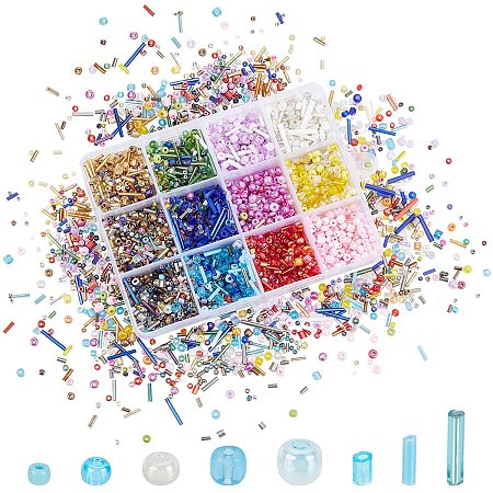 PandaHall Elite 200g Mixed Style Glass Seed Beads 12 Colors Round Cylinder Tube Spacer Beads Glass Bugle Beads Tiny Pony Beads for Earring Bracelet Pendants Jewelry DIY Crafts Making, 0.7~1mm Hole