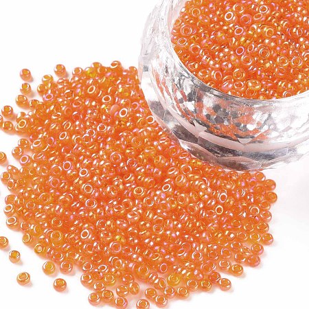 FGB 12/0 Round Glass Seed Beads, Transparent Colours Rainbow, Dark Orange, 12/0, 2x1.5mm, Hole: 0.9mm, about 30000pcs/bag