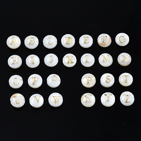 Honeyhandy Natural Freshwater Shell Beads, with Golden Plated Brass Etched Metal Embellishments, Horizontal Hole, Flat Round with Letter, Seashell Color, Letter A~Z, 6x4mm, Hole: 0.8mm, about 26pcs/set