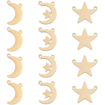 UNICRAFTALE 12Pcs 3 Style Golden Star Moon Link Connector Charms 304 Stainless Steel Double Hole Charms, Moon with Star Jewelry Connector Charms Jewellery Connectors Findings for Jewelry Making