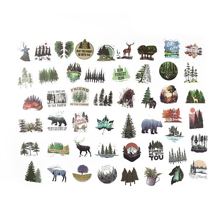 50Pcs 50 Styles Forest Theme PVC Plastic Cartoon Stickers Sets, Waterproof Adhesive Decals for DIY Scrapbooking, Photo Album Decoration, Animal Pattern, 44~71x44~66x0.1mm, 1pc/style