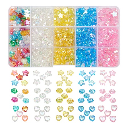 ARRICRAFT 600Pcs 15 Styles Transparent Acrylic Beads, Star & Heart & Flower, AB Plated, Mixed Color, 10x4mm, Hole: 1mm, about 600pcs/box