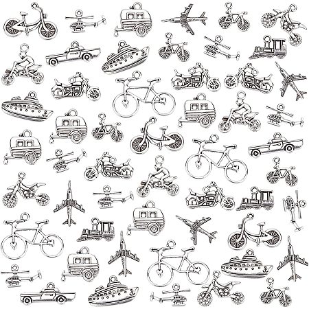 PandaHall Elite 12 Styles Transportation Vehicle Charms 120pcs Tibetan Alloy Charms Car Bicycle Motor Ship Pendants for DIY Necklace Bracelet Jewelry Making, Antique Silver