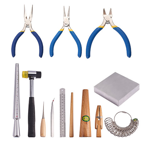 PandaHall Elite 13 Sets Jewelry Tool with Metal Mandrel Finger Sizing Measuring Stick, Ring Sizer Gauge, Jewelry Pliers, Jewelers Hammer, Wooden Ring Clamp, Anvil, Awls