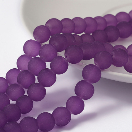 Honeyhandy Transparent Glass Bead Strands, Frosted, Round, Purple, 8mm, Hole: 1.3~1.6mm, about 99pcs/strand, 31.4 inch