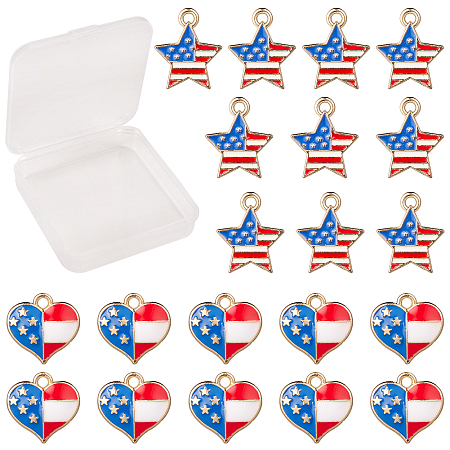SUNNYCLUE Light Gold Tone Alloy Enamel Pendants, Star and Heart with Flag Pattern, Mixed Color, 74x72x17mm; 20pcs/box