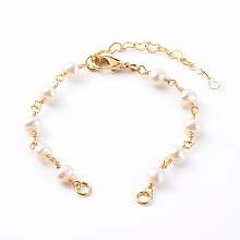 Honeyhandy Brass Bracelet Making, with Natural Pearl Beads and Lobster Claw Clasps, White, Golden, 5-1/2~6 inch(14~15.2cm)