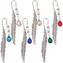 OLYCRAFT 6 Pcs 6 Color Sliver Metal Bookmark Alloy Leaf Beading Bookmark Teardrop Bookmark with Leaf Alloy Feather Charm Bookmark Birthstone Bookmark for Office Birthday Present 4.5 Inch