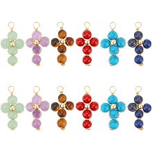 FINGERINSPIRE 12Pcs 6 Styles Natural Stone Pendants Cross Shape Chakra Crystal Charm with Brass Beads Gold Copper Wire Wrapped Gemstone Pendants Crystal Healing Stone Pendant for Jewelry Making