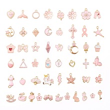 50Pcs 50 Style Alloy Enamel Pendants, Light Gold, Mixed Shapes, Pink, 12~22x7~18.5x1~6.5mm, 1pc/style