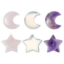 CHGCRAFT 6Pcs 6 Style Moon Star Shaped Worry Stones Crystal Star Moon Stone Natural Amethyst Rose Quartz Opalite Gemstones Chakra Mixed Color for Home Office Decoration Jewelry Making, 29-30mm