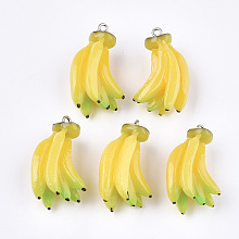 Honeyhandy Resin Pendants, with Platinum Tone Iron Findings, Imitation Food, Banana, Yellow, 33~34x19x15mm, Hole: 2mm