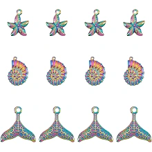 DICOSMETIC 12Pcs 3 Style Stainless Steel Pendants Rainbow Color Starfish/Conch/Fishtail Charms Ocean Animal Pendants Dangle Beads for Bracelet Necklace Jewelry Making