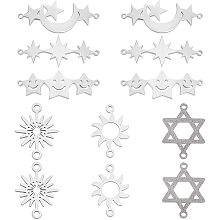 SUPERFINDINGS 12pcs 6 Style Laser Cut Stainless Pendants Stainless Steel Sun Moon Star Links Connectors Hexagram Stainless Steel Charms for DIY Crafting Bracelet Jewelry Making