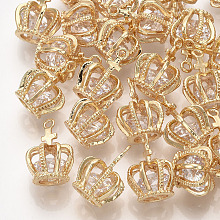 Brass Cubic Zirconia Pendants, Crown, Clear, Real 18K Gold Plated, 15x11x11mm, Hole: 1mm