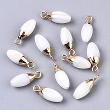 Honeyhandy Natural Freshwater Shell Charms, with Light Gold Plated Brass Loop and Half Drilled Hole, Teardrop, Creamy White, 14~15x5mm, Hole: 1.8mm, Half Hole: 0.9mm