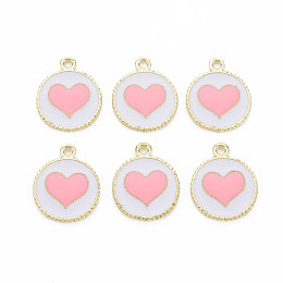 Honeyhandy Alloy Enamel Pendants, Light Gold, Cadmium Free & Nickel Free & Lead Free, Flat Round with Heart, Pink, 18x15x1.5mm, Hole: 1.6mm