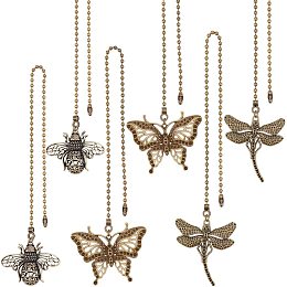 BENECREAT 6Pcs Butterfly Bee Ceiling Fan Pull Chain, Vintage Dragonfly Charm Pendant Chain Extender with Iron Ball Chain Connector for Fan, Table Lamp Decoration, 13.7~14.2"