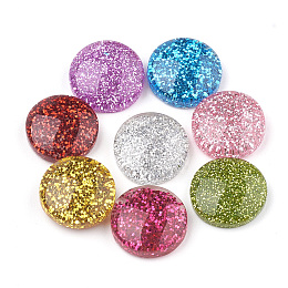 Honeyhandy Resin Cabochons, with Glitter Powder, Flat Round, Mixed Color, 13.5~14x4~6mm