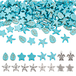 Arricraft 153 Pcs 8 Styles Turquoise Beads, Alloy Turquoise Stone Gemstone Bead, Star Leaf Shaped Beads Pendant Charms, Sea Animal Tortoise Spacer Beads for Necklace Jewelry Making