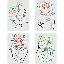 FINGERINSPIRE 4 Pcs Women Face Stencil 11.7x8.3 inch Women Painting Stencil Floral Female Face Stencil Plastic Women Flowers Stencils DIY Home Decor Stencil for Painting on Wood Floor Wall Window