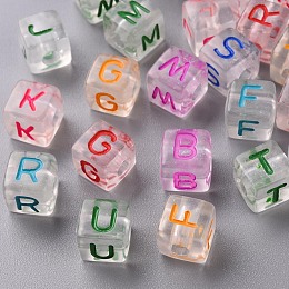 Honeyhandy Transparent Clear Acrylic Beads, Horizontal Hole, Cube with Mixed Color Random Letter, Mixed Color, 10x9.5x9.5mm, Hole: 4mm, about 600pcs/500g