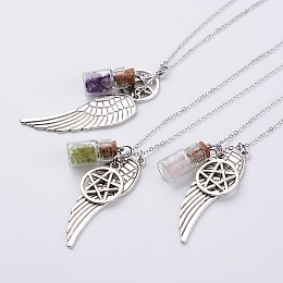 Honeyhandy Alloy Pendant Necklaces, Wing and Star, with Mixed Stone Beads, Glass Bottles and Brass Chain, 21.26 inch