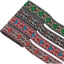 FINGERINSPIRE 4 Rolls Embroidery Jacquard Trim 15.3 Yard 33mm Green Coconut Brown Black FireBrick Vintage Jacquard Ribbon Trim Ethnic Style Heart Pattern Fabric for DIY Craft Sewing Accessories