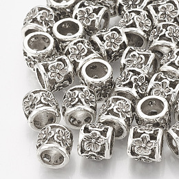 Honeyhandy Tibetan Style Alloy Beads, Large Hole Beads, Column with Flower, Antique Silver, 10x9mm, Hole: 6mm