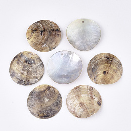 Honeyhandy Natural Akoya Shell Pendants, Mother of Pearl Shell Pendants, Flat Round, Tan, 30x4mm, Hole: 1.6mm