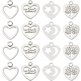 DICOSMETIC 16Pcs 4 Style Stainless Steel Heart with Tree of Life Charm Heart with Word Mama Charm Heart with Hollow Star and Moon Pendant for DIY Jewelry Making