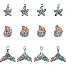 DICOSMETIC 12Pcs 3 Style Stainless Steel Pendants Rainbow Color Starfish/Conch/Fishtail Charms Ocean Animal Pendants Dangle Beads for Bracelet Necklace Jewelry Making