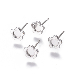 Honeyhandy 304 Stainless Steel Ear Stud Components, Flower, Stainless Steel Color, Tray: 4mm, 7mm, Pin: 0.8mm