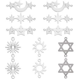 SUPERFINDINGS 12pcs 6 Style Laser Cut Stainless Pendants Stainless Steel Sun Moon Star Links Connectors Hexagram Stainless Steel Charms for DIY Crafting Bracelet Jewelry Making