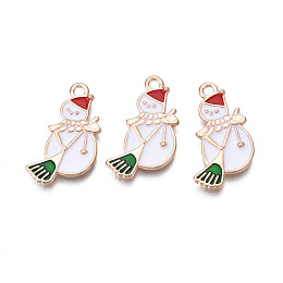 Honeyhandy Christmas Alloy Enamel Pendants, Cadmium Free & Lead Free, Light Gold, Snowman, White, 24x15x2mm, Hole: 1.8mm