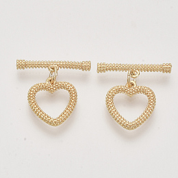 Honeyhandy Brass Toggle Clasps, Real 18K Gold Plated, Heart, Nickel Free, 22mm, Bar: 21x4.5x3mm, Hole: 1.2mm, Heart: 15.5x14x2.5,  Hole: 1.2mm, Jump Ring: 5x3x1mm