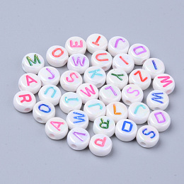 Honeyhandy Opaque White Acrylic Beads, Metal Enlaced, Horizontal Hole, Flat Round with Letters, Mixed Color, 7x3.5mm, Hole: 1.8mm