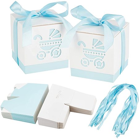 PandaHall Elite Baby Carriage Boxes, 30 Sets Blue Party Favor Boxes Baby Shower Candy Boxes Cute Newborn Baby Paper Boxes for Party Table Decor Birthday Party Gift Favor, 8.5x8.5x8.6cm/ 3.3x3.3x3.3 inch