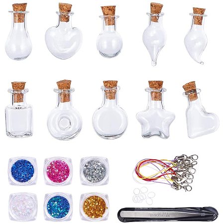 BENECREAT 10PCS Different Shape Mini Glass Jars Bottles Pendants Wishing Bottles Jars with 6 Box Nail Art Glitters, 10PCS Silk Cord Loop, 1PC Tweezers for Art Crafts Decorative