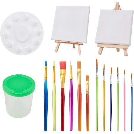 NBEADS 18 Pcs Mini Canvas Paint Set Supplies, Mini Canvas with Easel Pen Cup Paint Palette Art Brushes for Oil Watercolor Paint Project