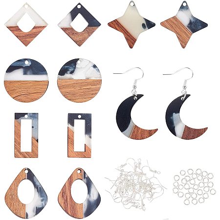 OLYCRAFT 92pcs Resin Wooden Earring Pendants 12pcs Round Moon Star Rectangle Wood Earring Accessories White and Black with Earring Hooks Jump Rings for Necklace Jewelry Making - 10 Styles