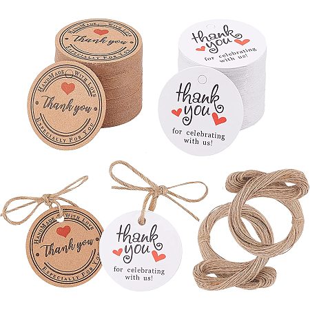 PandaHall Elite 200pcs Round Paper Hang Tags, Thank You Gift Tags Kraft Paper Tags Gift Tags with Jute Twine Wrapping Craftwork Wedding Birthday Thanksgiving Baby Shower Special Event