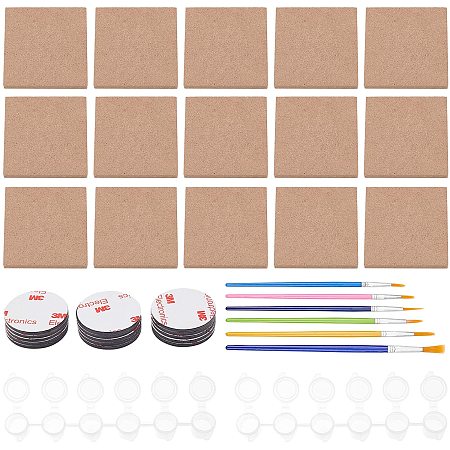 PH PandaHall 15pcs Wooden Square Cutouts 2.4 inch with 15pcs Adhesive Magnetic Backings, 12 Pods Paint Palette, 6pcs Paint Brushes for Paint Your Magnetic Fiberboard Tile Art