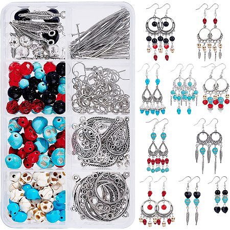 SUNNYCLUE 1 Box DIY 10 Pairs Halloween Beads Skull Beads Earring Making Kit Synthetic Turquoise Beads for Jewelry Making Feather Charms Chandelier Charms Czech Faceted Glass Beads Craft Adult Women